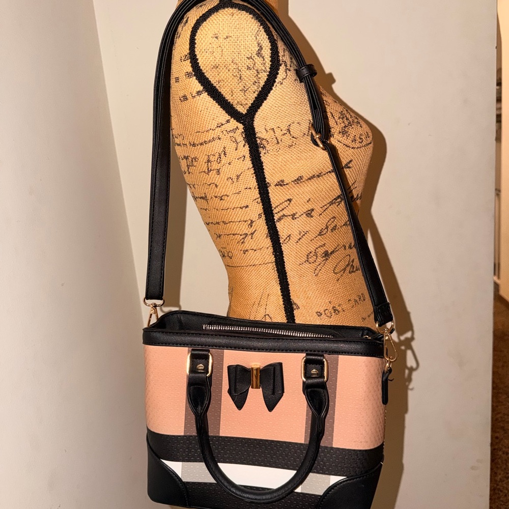 Tan and Black Bow-Accent Tote with Adjustable Strap